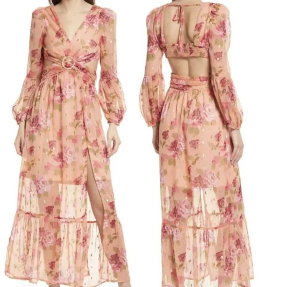 RAHI Metallic Floral Print Long Sleeve Maxi w/cutout-L